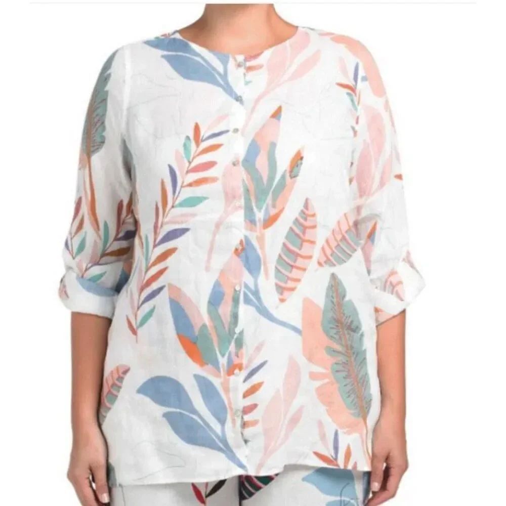 Cynthia Rowley Linen Tropical Floral Print Button Front Tunic Top Size 2X